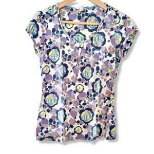 Women's Boden Blouse Size 2 SOFT Floral Cap Sleeve Silky Pleated Short Sleeve